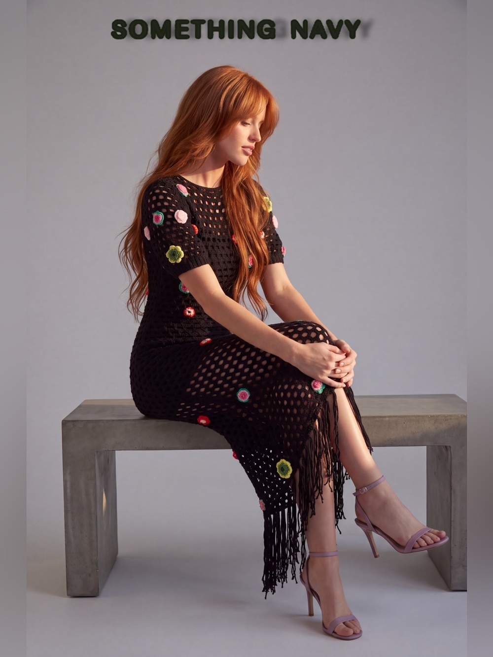 NWT Something Navy Floral Crochet Maxi Dress Medium Black Boho Puff Sleeve Fring